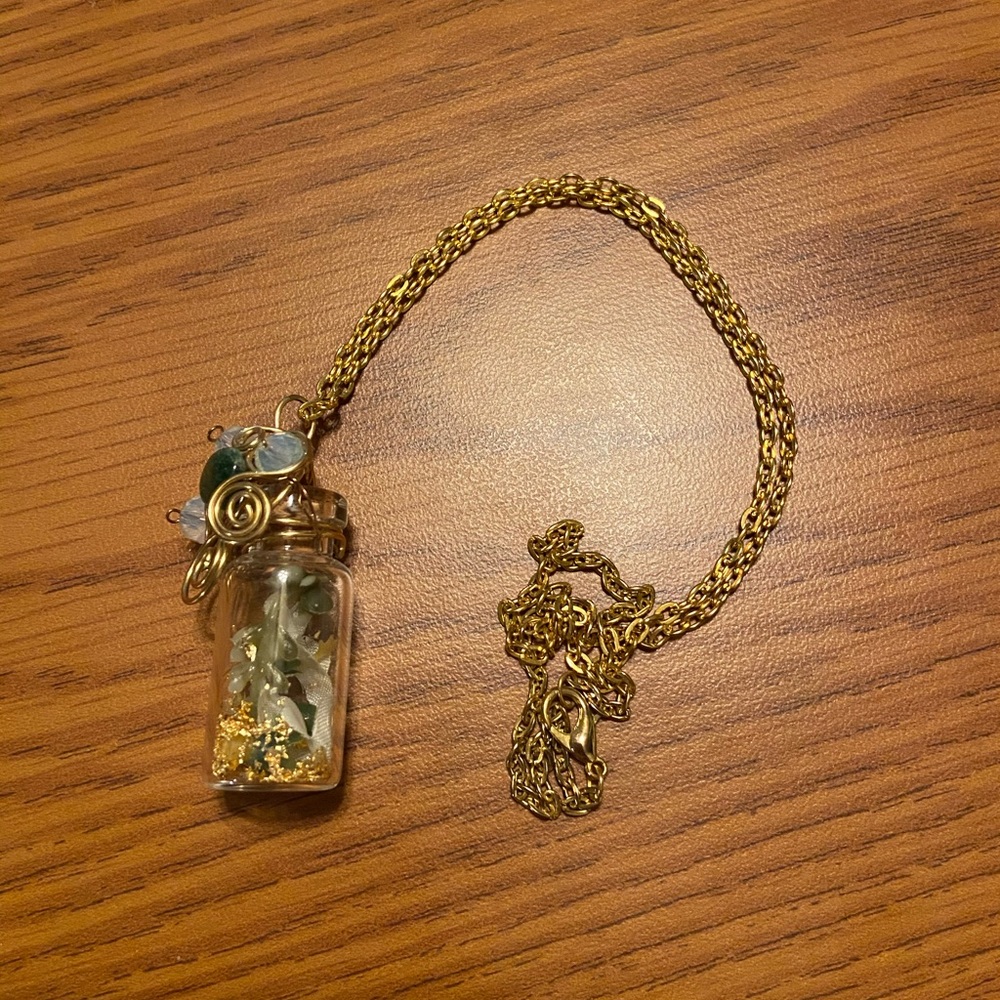 Jar of Flowers and Rose Quartz with Beads Necklace
